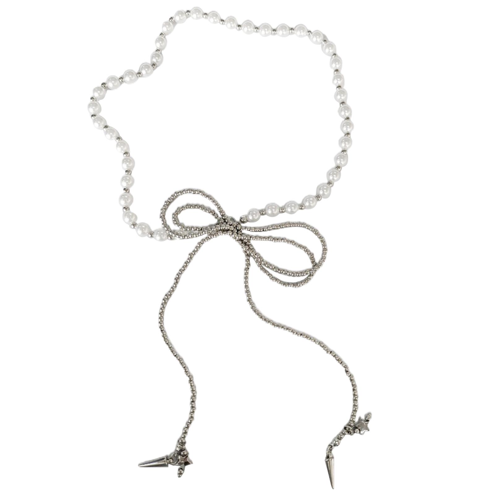 

Stylish Beaded Necklace Imitation Pearls Choker Charm Fashion Bowknot Earrings Suitable for Fashionable Ladies A