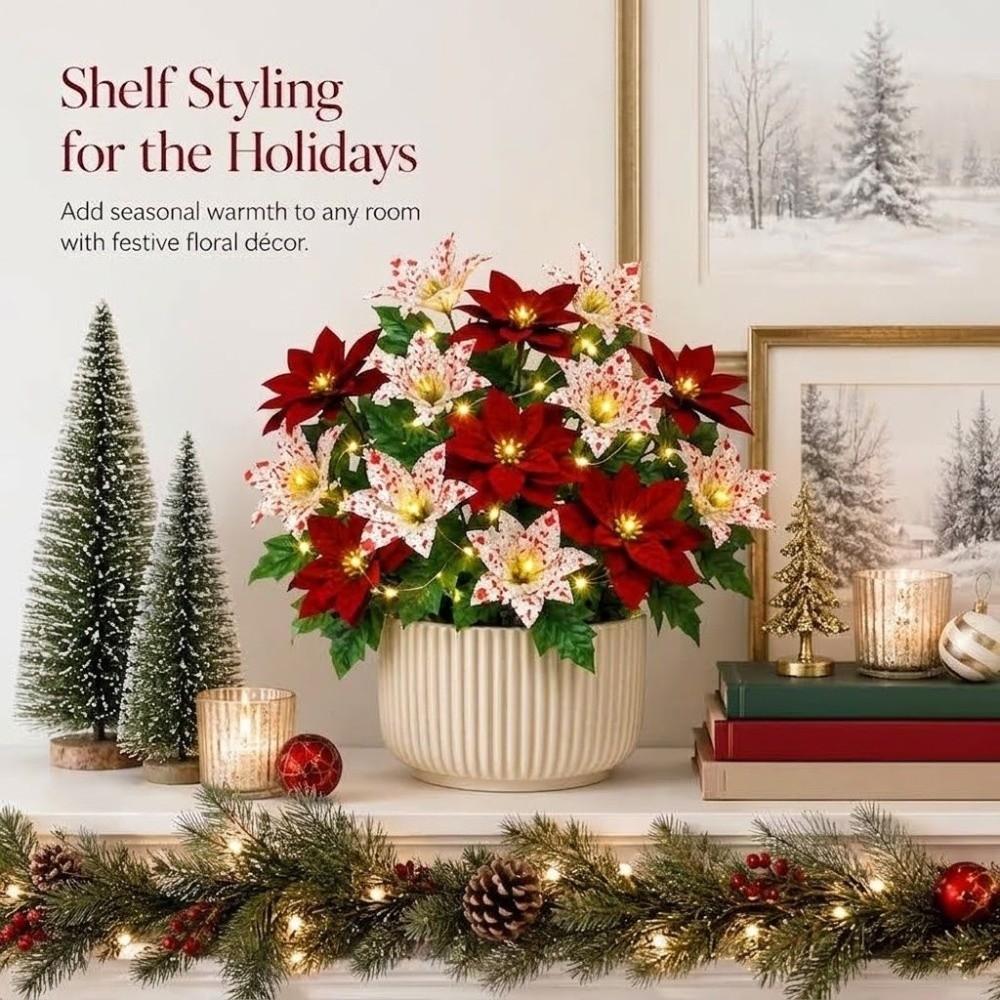 20Pcs UV Resistant Artificial Poinsettia Flowers with Light Realistic With Green Leaves Christmas Flower Bouquet Fade Resistant