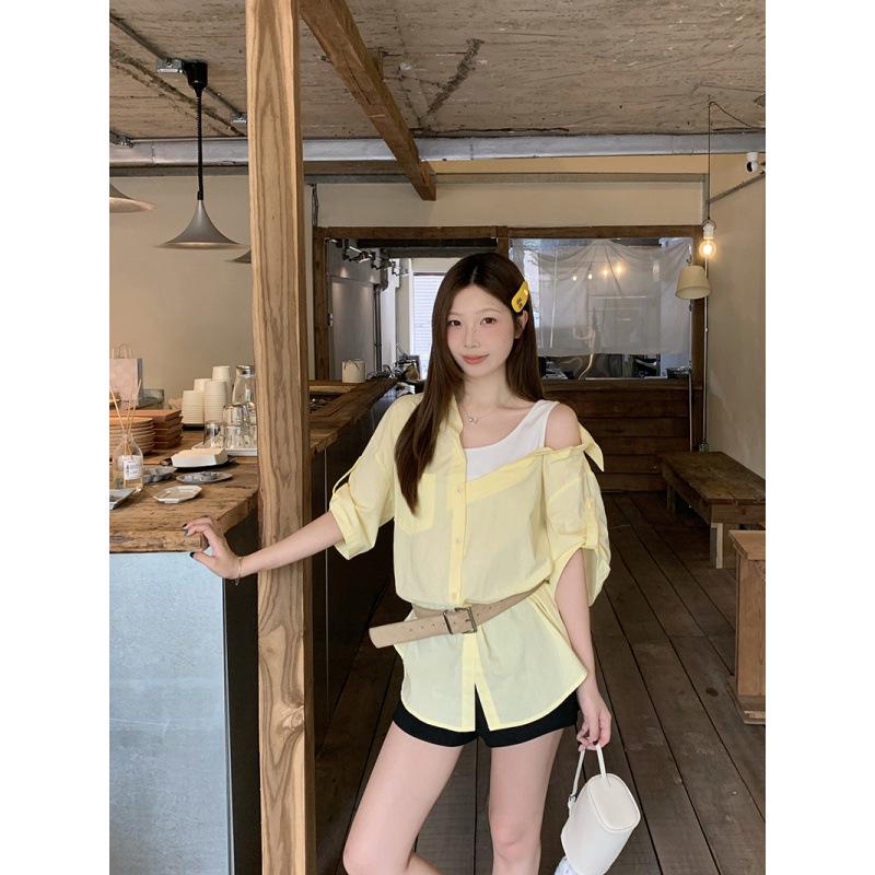 

2026 Summer Plus Size Off-Shoulder Slimming Two-in-One Short-Sleeve Top 3XL жовтий