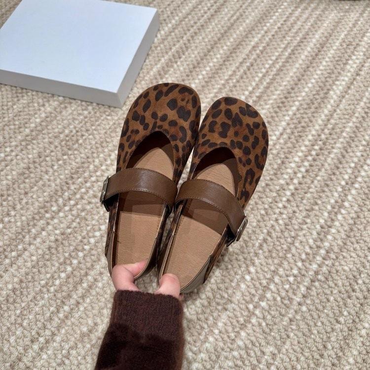 Autumn retro leopard print Birkenstocks shallow mouth single shoes one-button mango head Mary Jane Doudou shoes ballet shoes