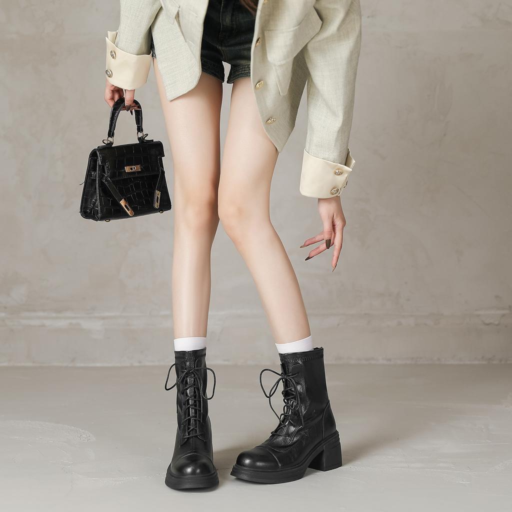 Good to wear lace-up Martin boots women's soft leather high-heeled short boots, zipper round head thick heel thin boots after autumn and winter