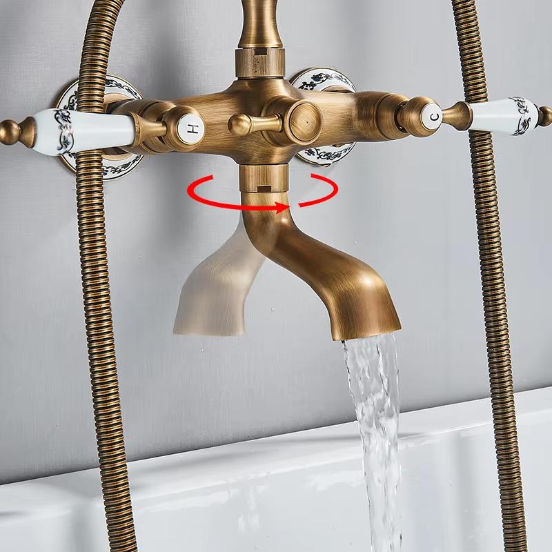 Antikes Messing Badewannen-Duscharmatur-Set Badezimmer Doppelgriff Wandmontierter Badewannenmischer mit Handbrause und Schwenkauslauf