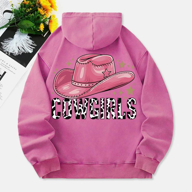 Cow Girls Washed Hoodies Women Pink Hat Prints Cotton Sweatshirts Long Sleeves Pocket Oversized Hooded Clothes