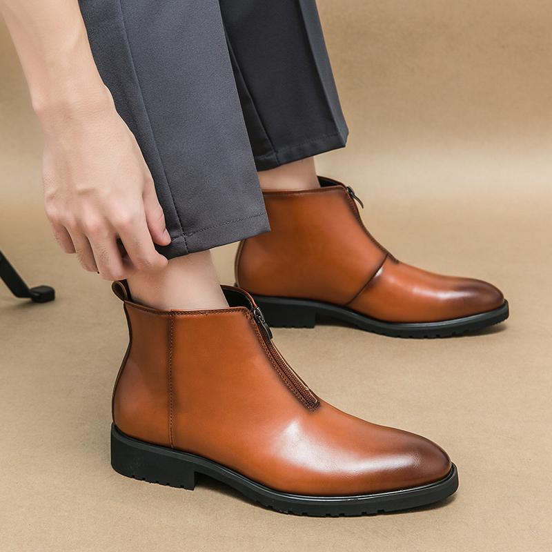 Fashion Brown Chelsea Boots Men Business Black Round Toe Zipper Slip-On Solid Men's Formal Boots  Size 38-46