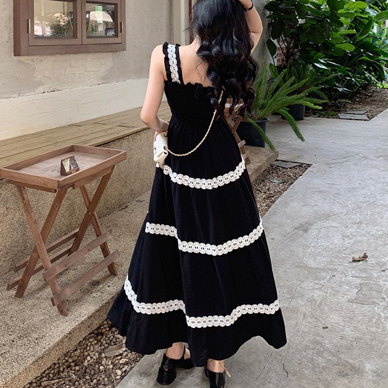 

Summer Dress with Ruffles for Seaside Vacation, Long Dress for Curvy Women, Waist-Cinching and Slimming Beach Slip Dress, Figure-Flattering Dress Black Long Skirt XL