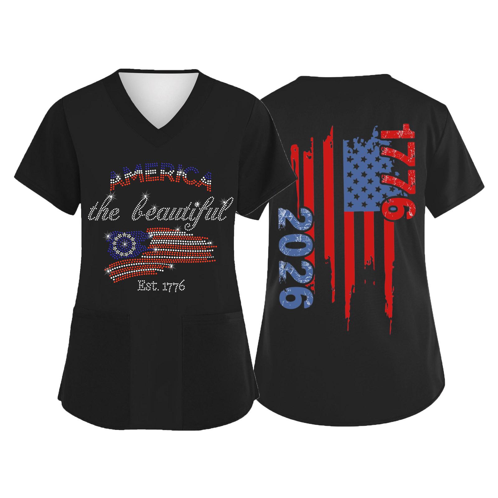 

Women s V Neck Short Sleeve Work Top with Pockets Independence Day Print Nurse Uniform Medical Scrub Shirt for Healthcare Professionals L чёрный