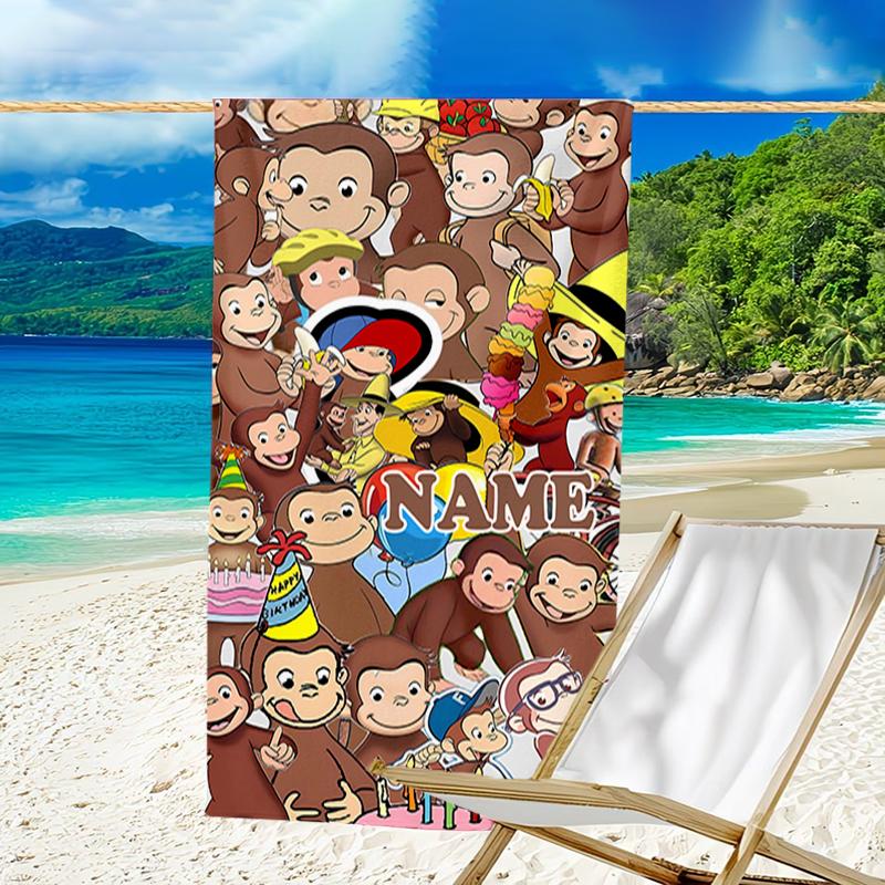 1pc Curious George1 Beach Towel with Custom Name, Beach/Swimming/Bath/Picnic/Camping Towel, Suitable for Seaside Beaches