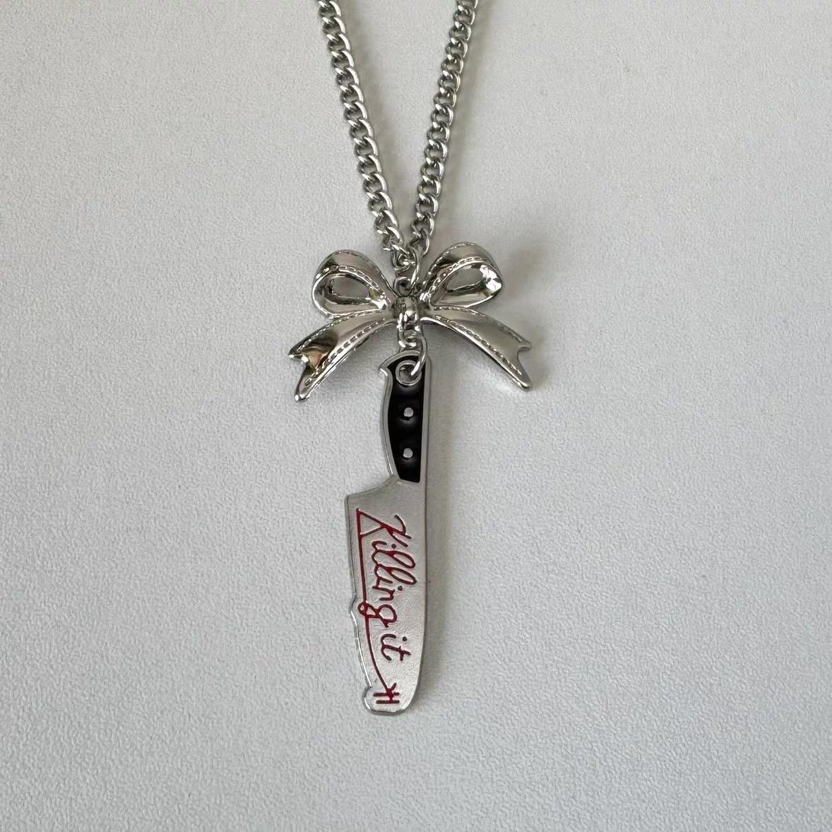 Dark Gothic Punk Bow Dagger Simulation Tool Pendant For Ladies Y2k Party Jewelry Necklace Earrings