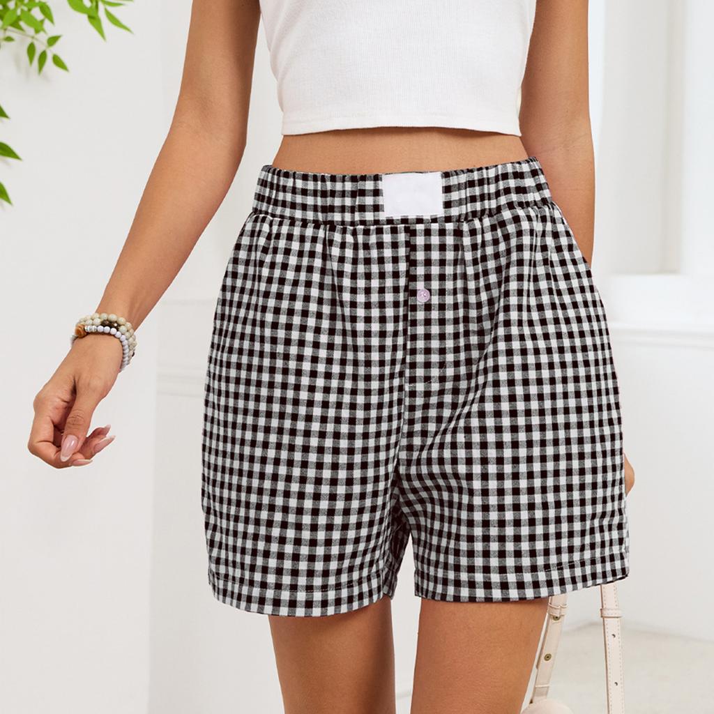Women's Summer Casual Plaid Pocket Shorts Boxers Beach Pants Shorts