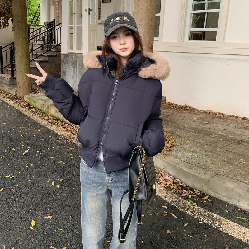New Cotton Clothes Women's Winter Navy Blue Hooded Fur Collar Short Cotton Clothes Bread Clothes Jacket Thick