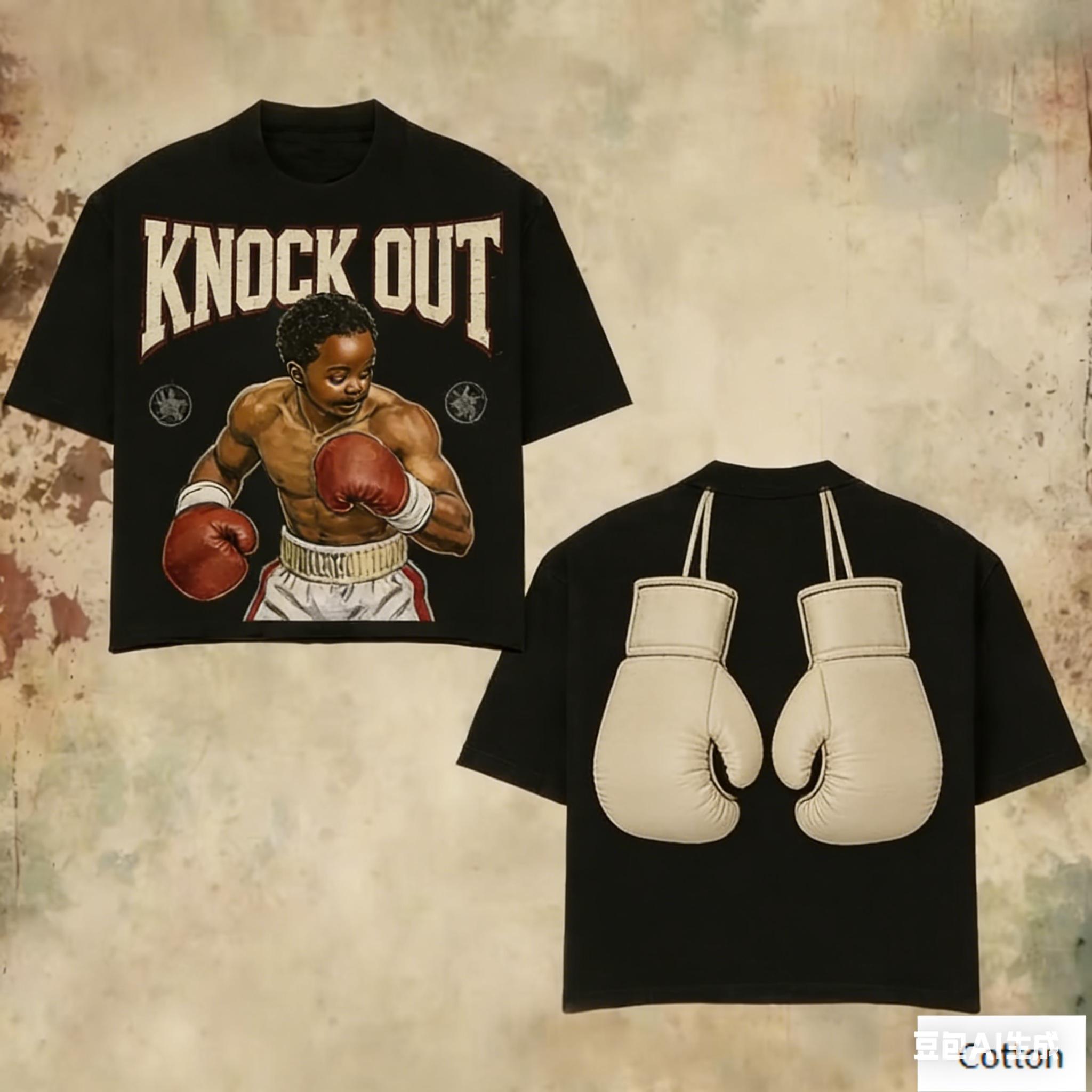 

Oversized Black Cotton TShirt with Bold Cartoon Boxer Graphic and Hanging Boxing Gloves Print Unisex Streetwear Tee 4XL