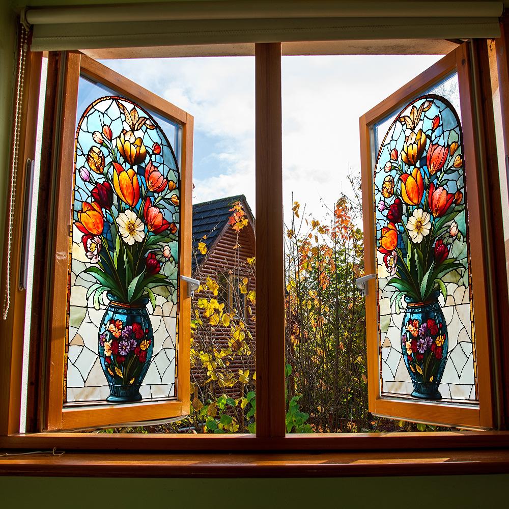 Kreativní Simulační Váza Tulipánové Sklo Zkrášlení a Dekorace Oken Statické Samolepky na Okno