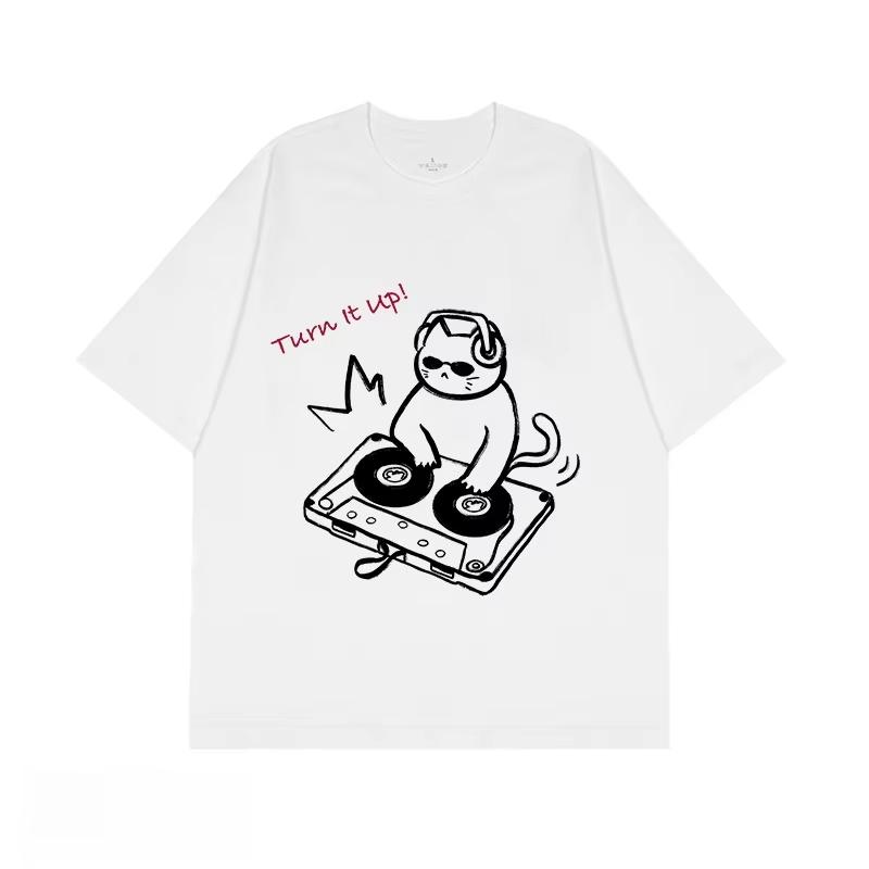 Summer Cute Hand Drawn DJ Cat Print Oversized Tshirt Casual Streetwear Short Sleeve Tee for Unisex and WoUnisex Moisture Wicking Dry