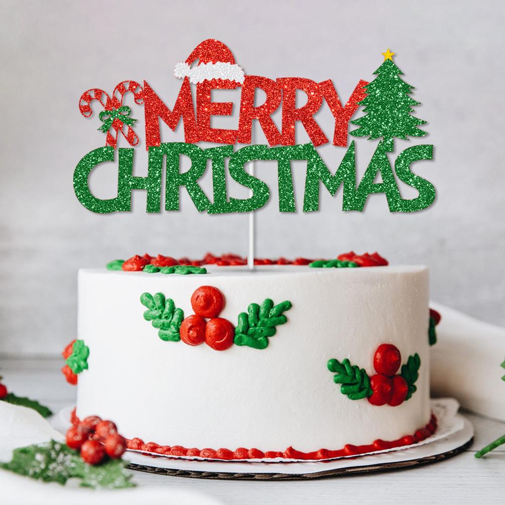 1PC Christmas Cake Holiday Birthday Cake Decor  Insert Red Merry Birthday Christmas Home Cake Plate Holiday Party Decorations