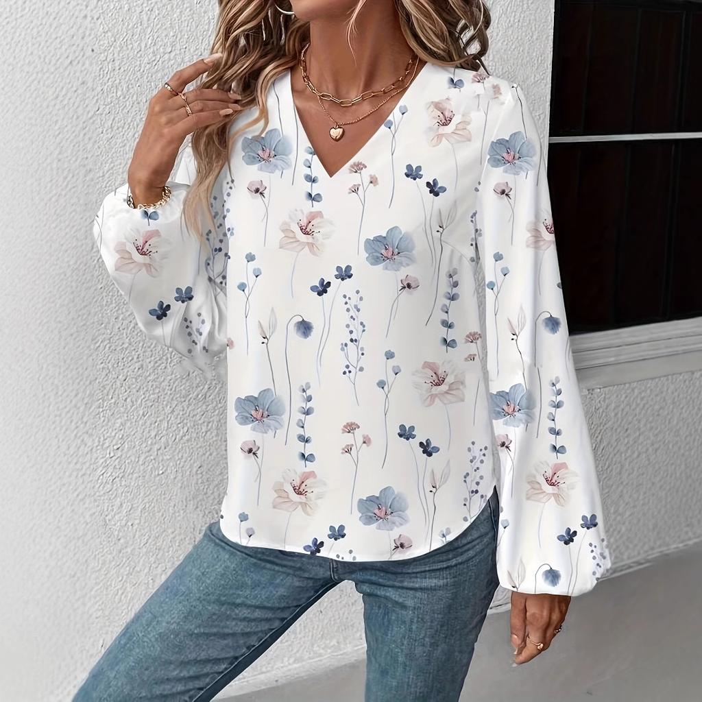 Ladies Autumn Winter Long Sleeve V Neck Flower Pullover Shirt Top