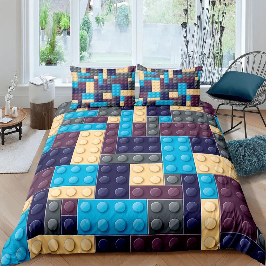 Colorful Blocks Duvet Cover King/Queen Size,Building Toy Bedding Set Kids Boys Girls Orange Blue Fun Brick Polyester Quilt Cover