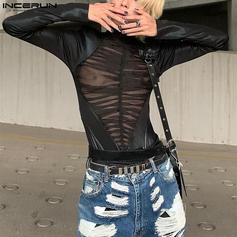 INCERUN Herren Langarm PU Leder Patchwork Durchsichtige Tops Mesh Transparente T-Shirts