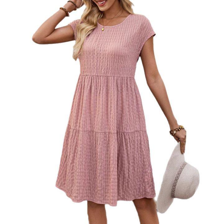 Women Summer Casual O Neck Solid Color Loose One Piece Dress