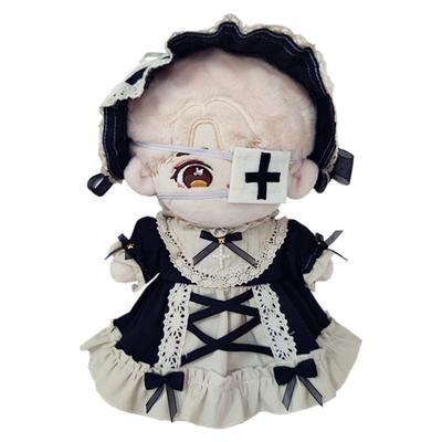 Niannyyhouse 20cm Plush Doll Clothes Set (Headband + Dress), Maid Outfit, Cotton Doll Clothes with Cross Letters, Baby Doll Clothes, Dress-Up (Black)