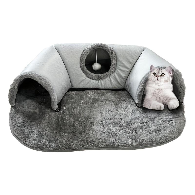 3-in-1 Cat Tunnel Bed, Convertible Play Tunnel & Warm Nest with Non-Slip Bottom, Cozy Plush Pet Mat for Cats, Rabbits