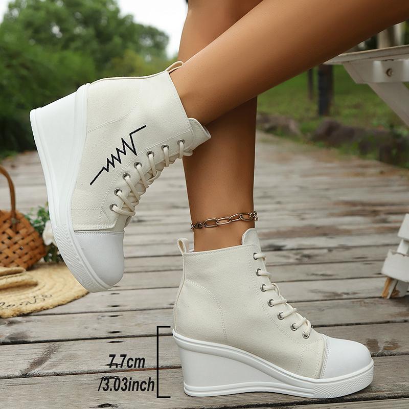 Fashion High Top Wedge Heel Sneakers for Women Fashion Mix Color Lace Up Canvas Shoes Woman Lightweight College Students Casual Sneakers