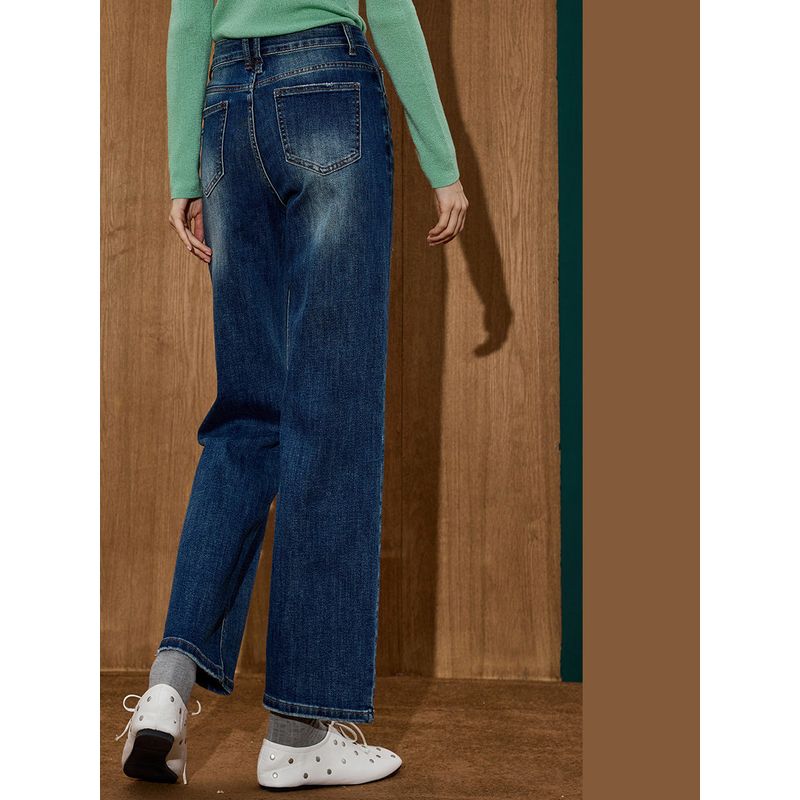 Coolhut2025 Autumn Women's Fashion Washed Simple Loose All-Match Micro-Pull Blue Jeans