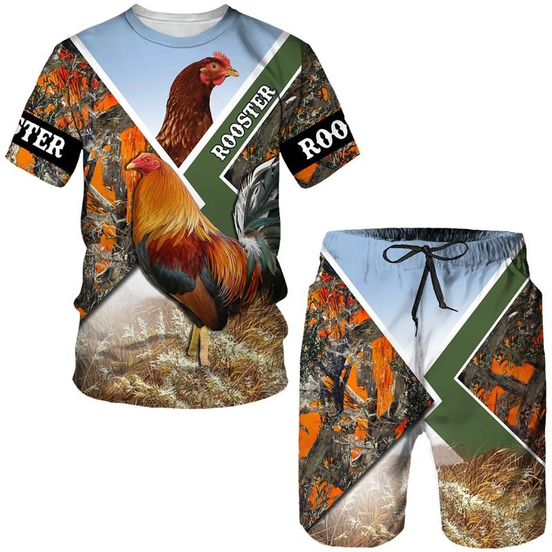 Cool King Rooster Hunting Camo T-shirt Shorts Suits for Men Summer Casual O-Neck Tees Male 3D Print Tracksuit Two Piece Sets