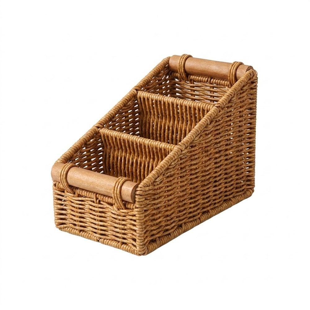 

Multi-porpose Compartmentalized Storage Box Brown Bevel Step Sundries Organization Box Plastic Divided Grids Weaving Basket