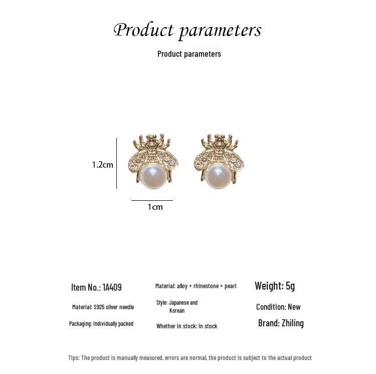 Korean 925 Sterling Silver Bee Pearl Stud Earrings