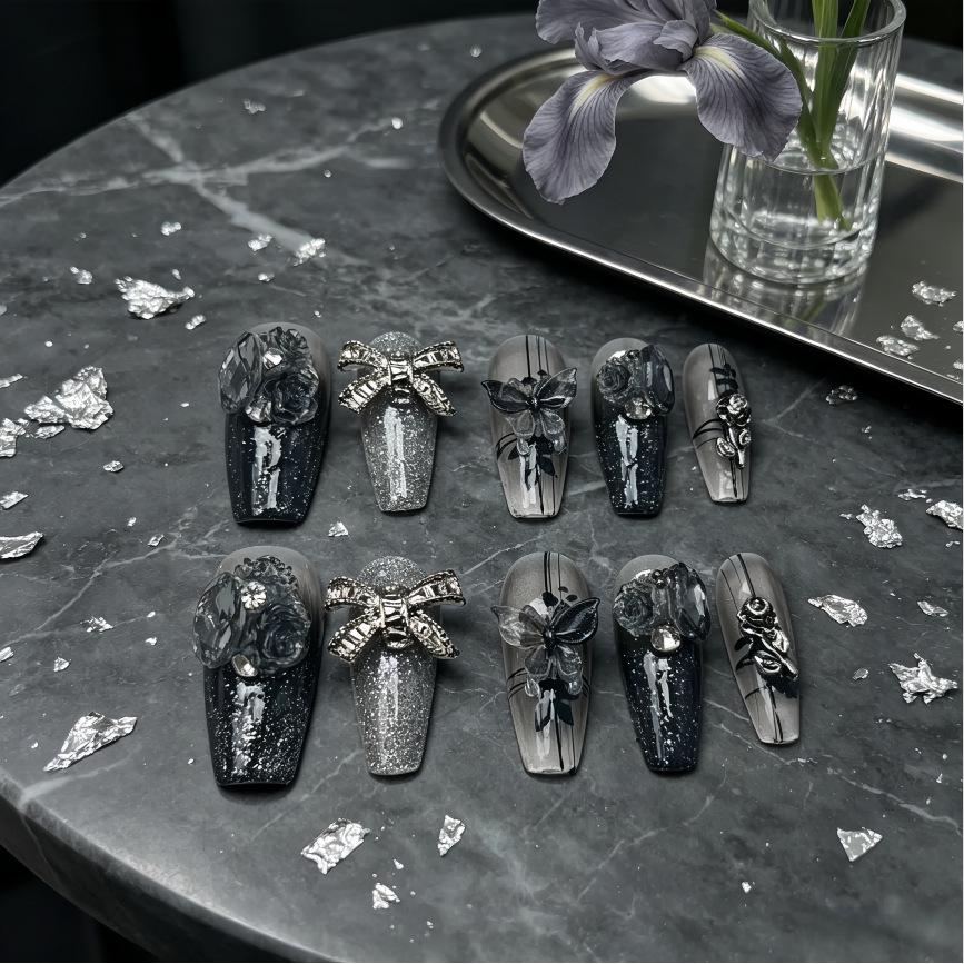 High-End 3D Black Crystal Butterfly Gradient Rose Press-On Nails