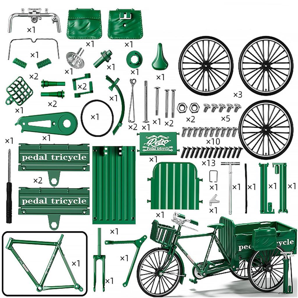 VVF 1/10 Flatbed Cargo Tricycle Alloy and ABS Model Assembly Kit, Green, 65 Parts