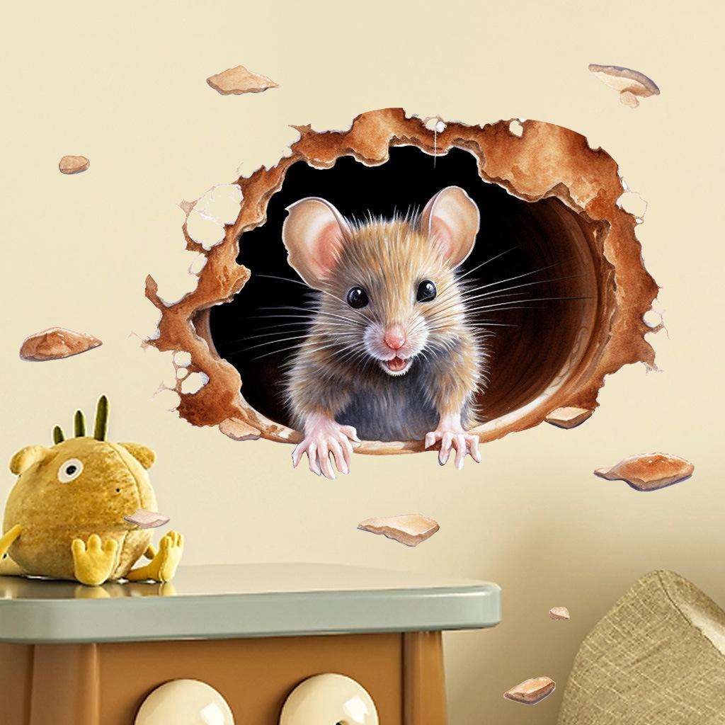Peeking Mouse from Hole Wall Stickers, Creative Tunnel Scene Self-Adhesive PVC Decals for Kids Room Skirting Board Decoration
