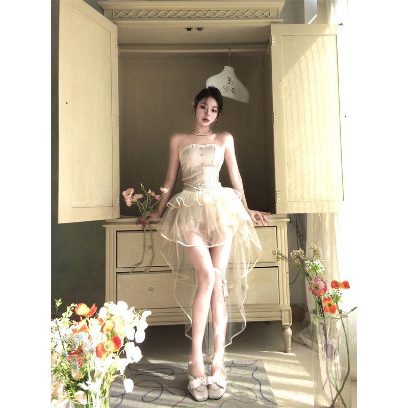 Kumikumi Gyaru Set Lace Waist Hugging Tube Top Vest Women Summer Mesh Irregular Skirt Two-piece Set
