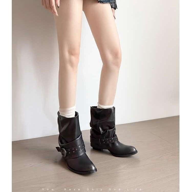 Western Buckle Boots Retro Belt Short Boots Women's Thick Heel Skinny Short Pile Pants Tube Autumn Versatile Folds