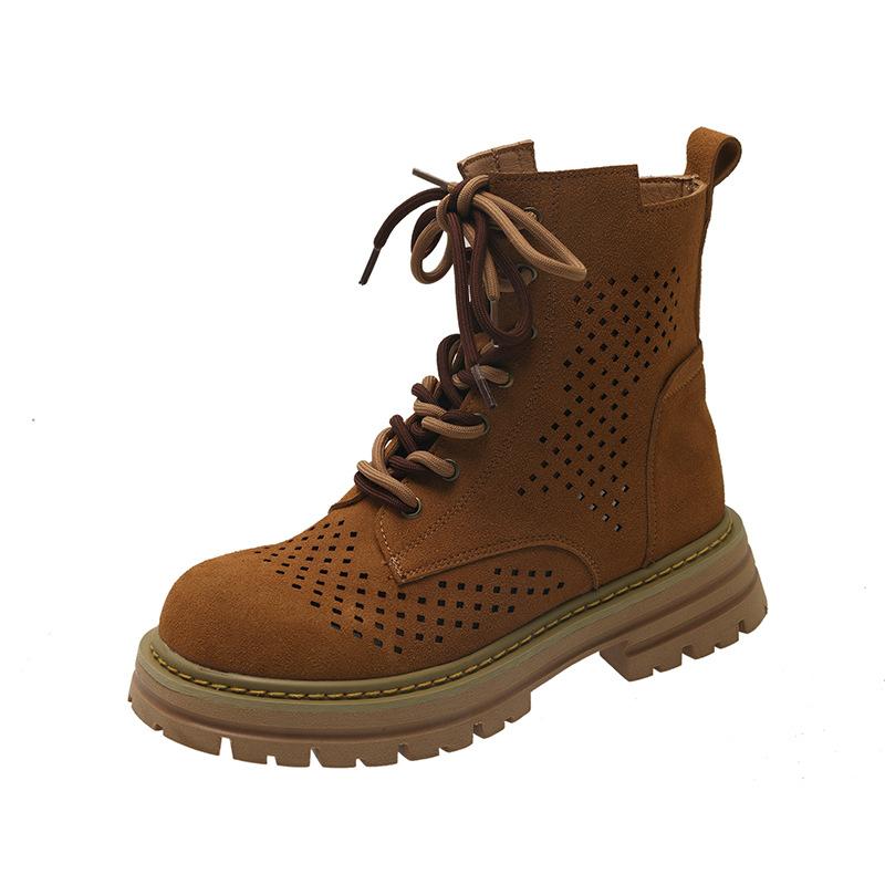 Brown thick-soled rhubarb boots women's 2025 summer new inner heightening hollow Martin boots short boots western cowboy boots