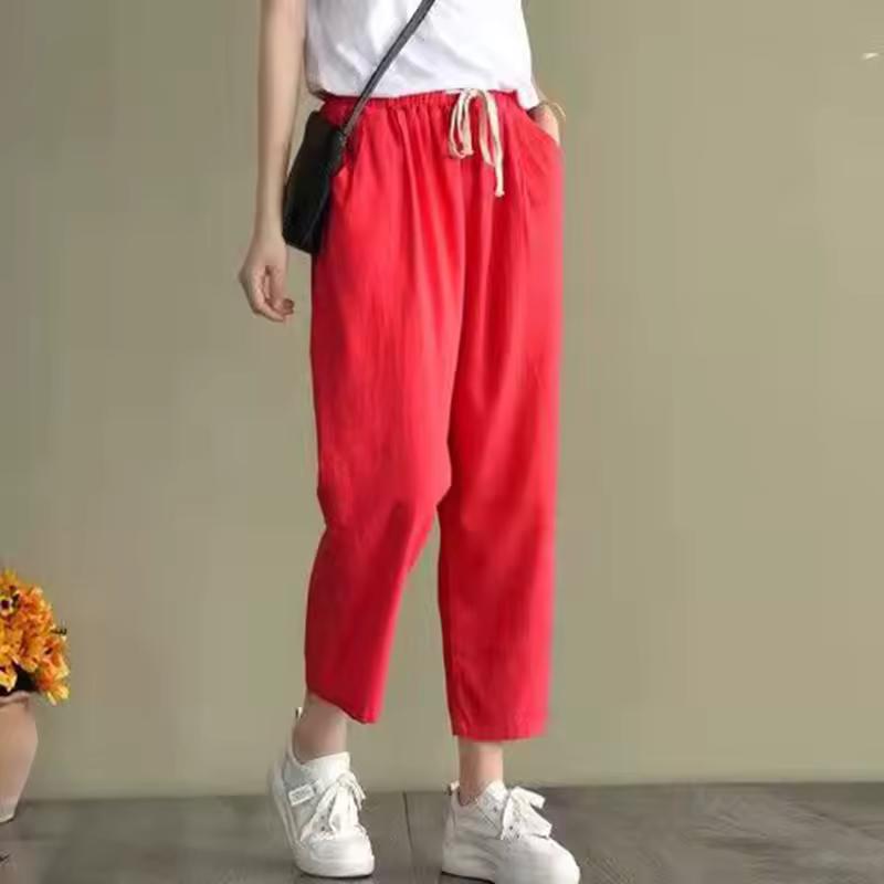 Women with Elastic Waist Solid Color Cotton Linen Pants Vintage Loose Streetwear Harem Trousers Female Casual High Waist Drawstring Pants Harem Pants