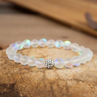 Bracciale al quarzo Mystic Aura da 8 mm, finitura opaca Vitrail bianco/viola Bracciale con pietra di luna sintetica Glowing Aura Perle di vetro sirena