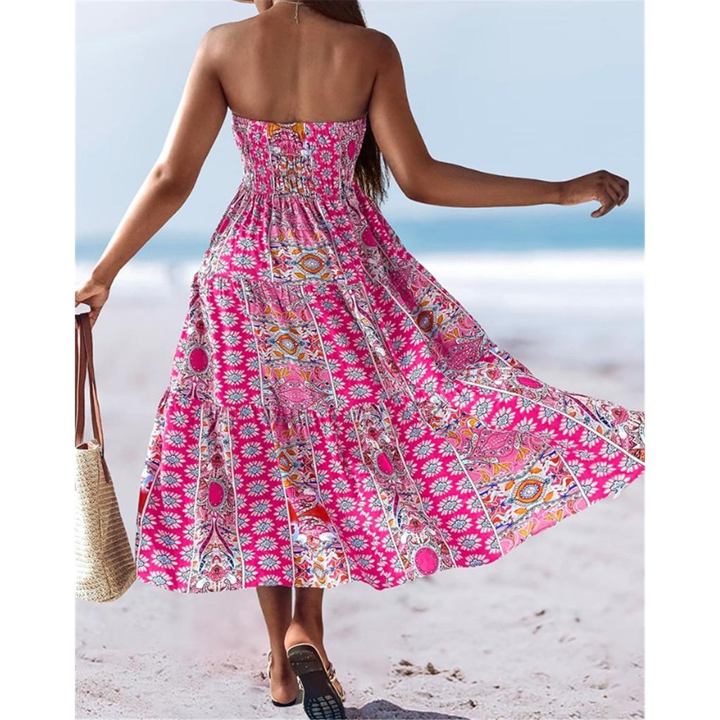 Sommer Neu Böhmischer Urlaubsstil Mehrfarbiger Druck Süßes Bustierkleid Große Schwingkleider für Frauen