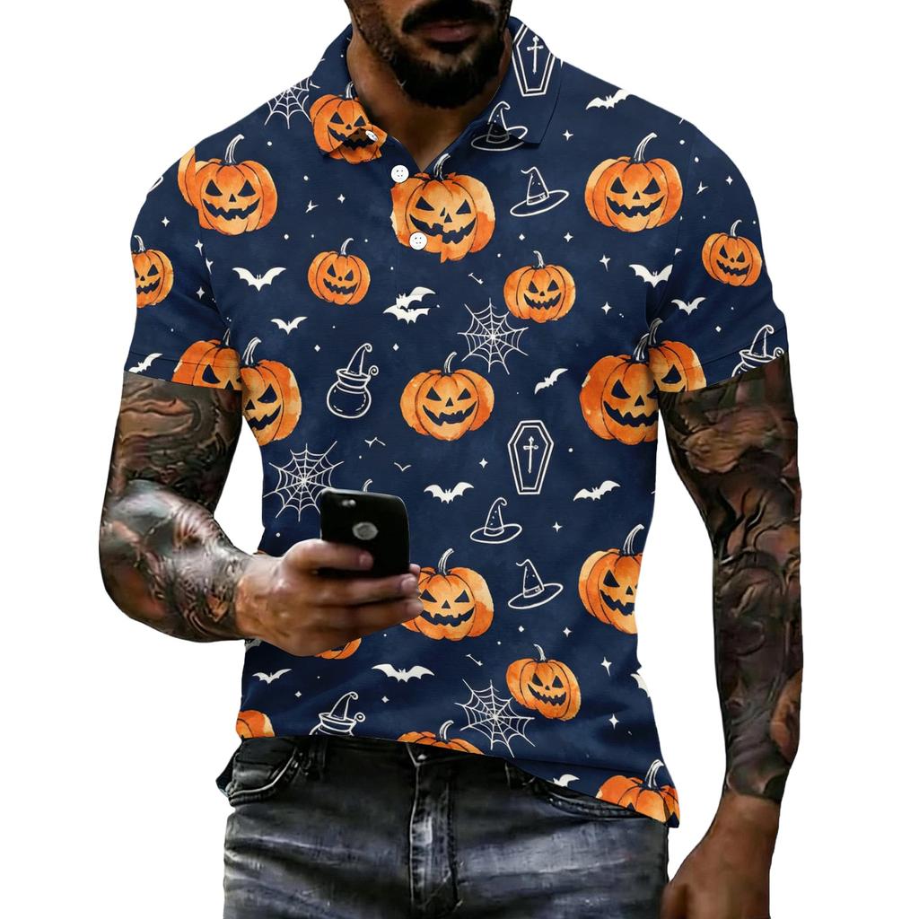 Men's Halloween Print Vintage Texture Short Sleeve Polo Shirt Loose Breathable Summer Sports Street Casual Daily Wear Top