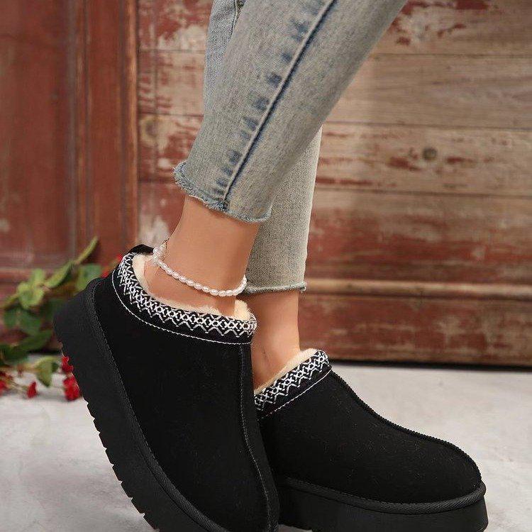2024 Winter Women's Furry Velvet Snow Boots - Thick Sole, No Heel, Warm Casual Half Slippers