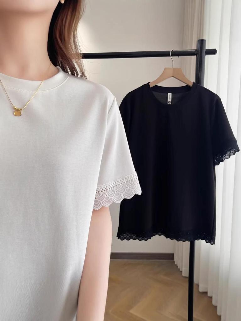 2026 Korean Style Plus Size Casual Lace Patchwork Round Neck Short Sleeve Top for Chubby Girls