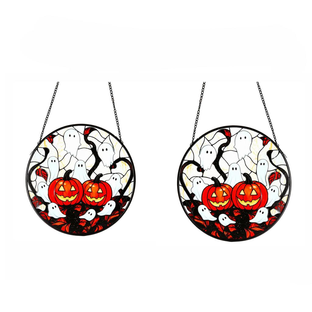 15 Inch Halloween Pumpkin Stained Glass Round Painted Glass Hanging Ornament for Window Holiday Decor