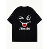 Black Oversized T Shirt With Winking Face And Smile Text For Casual Wear