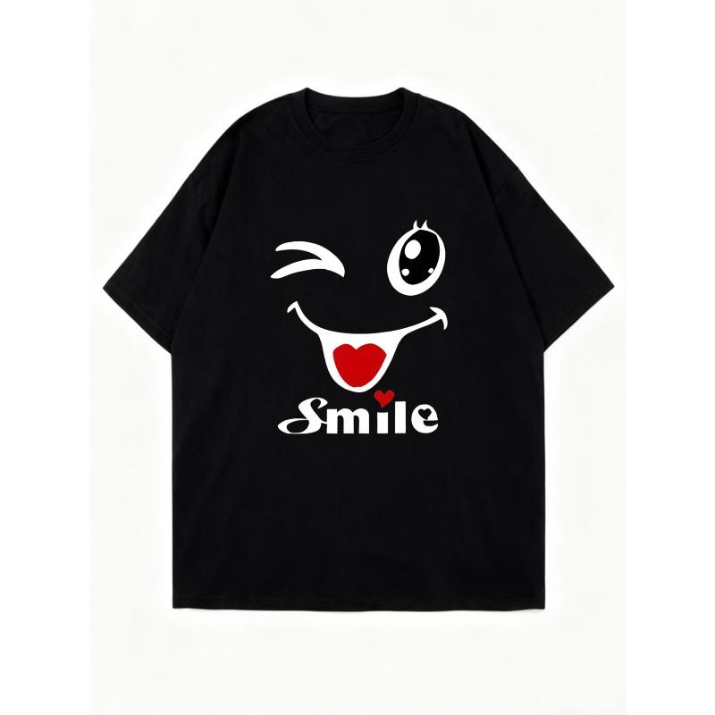 Black Oversized T Shirt With Winking Face And Smile Text For Casual Wear