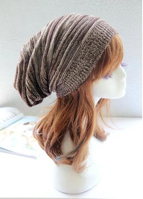 Winter Unisex Mixed Color Cotton Striped Hat High-quality Knit Wool Baggy Beanie Hats Winter Outdoor Windproof Warm Elastic Hat