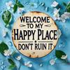 Round Metal Sign Welcome To My Happy Place Durable Easy-Hang Decor for Bedroom Kitchen Dining Bar Unique Perfect Room Decor