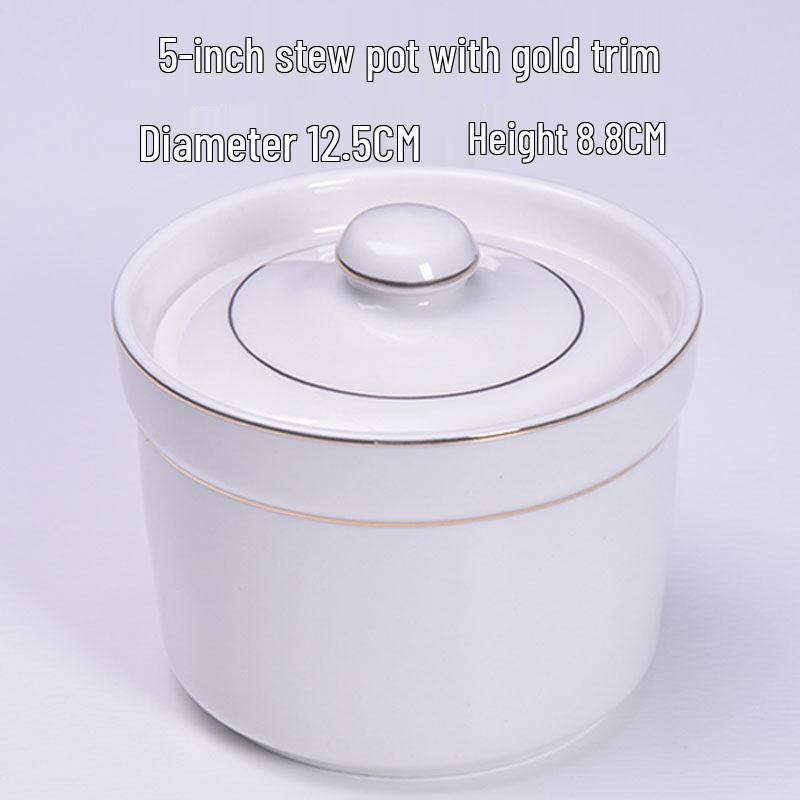 Gold-Trimmed Ceramic Water-Bath Stew Pot with Lid - Includes Egg Steaming and Bird's Nest Bowls, Round Soup Cooker for Home or Hotel Use.
