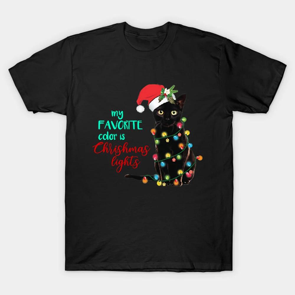 Funny Christmas Lights Black Cat Xmas Gift T Shirt New 100 Cotton Short Sleeve ONeck Tshirt Casual Unisexs Top