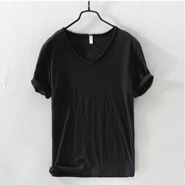 New Slim Fit Slub Cotton Pure Color V Collar Short Sleeved Tops Tees Men T-Shirt Multi-color Man T-Shirts Fitness