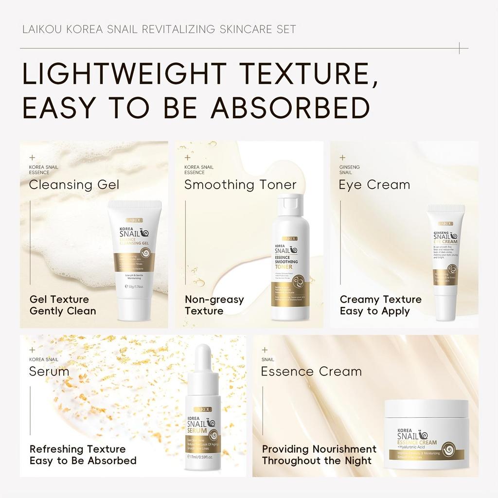 Sada starostlivosti o pleť so slimačím extraktom 5 ks + Sliezová maska 10 ks Starostlivosť o tvár Rozjasňujúce produkty starostlivosti o pleť, Vhodné na každodennú starostlivosť, Pleť vláčna a elastická